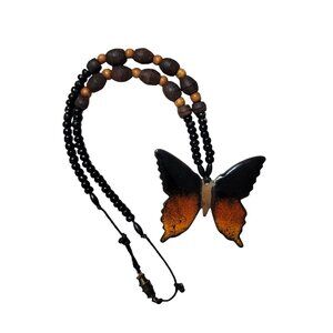 Vintage 90s Butterfly Pendant Beaded Necklace Copper & Glass Enamel Monarch